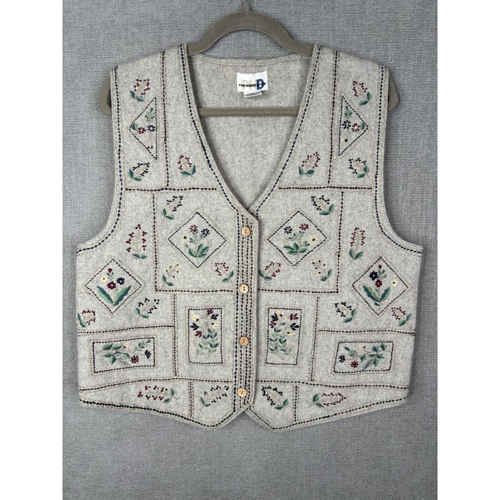 Paul Harris Vest Womens Large Grey Floral Embroidered Wool Vintage Cottagecore